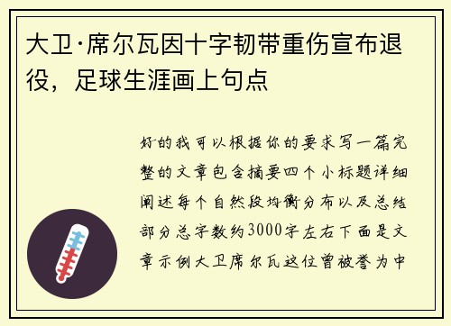 大卫·席尔瓦因十字韧带重伤宣布退役，足球生涯画上句点
