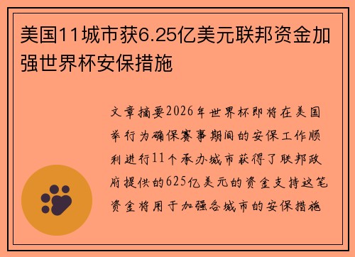 美国11城市获6.25亿美元联邦资金加强世界杯安保措施 美国11城市获6.25亿美元联邦资金加强世界杯安保措施